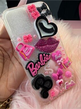 Barbie Pink Glitter 3D Charm Phone Case with Black Accents